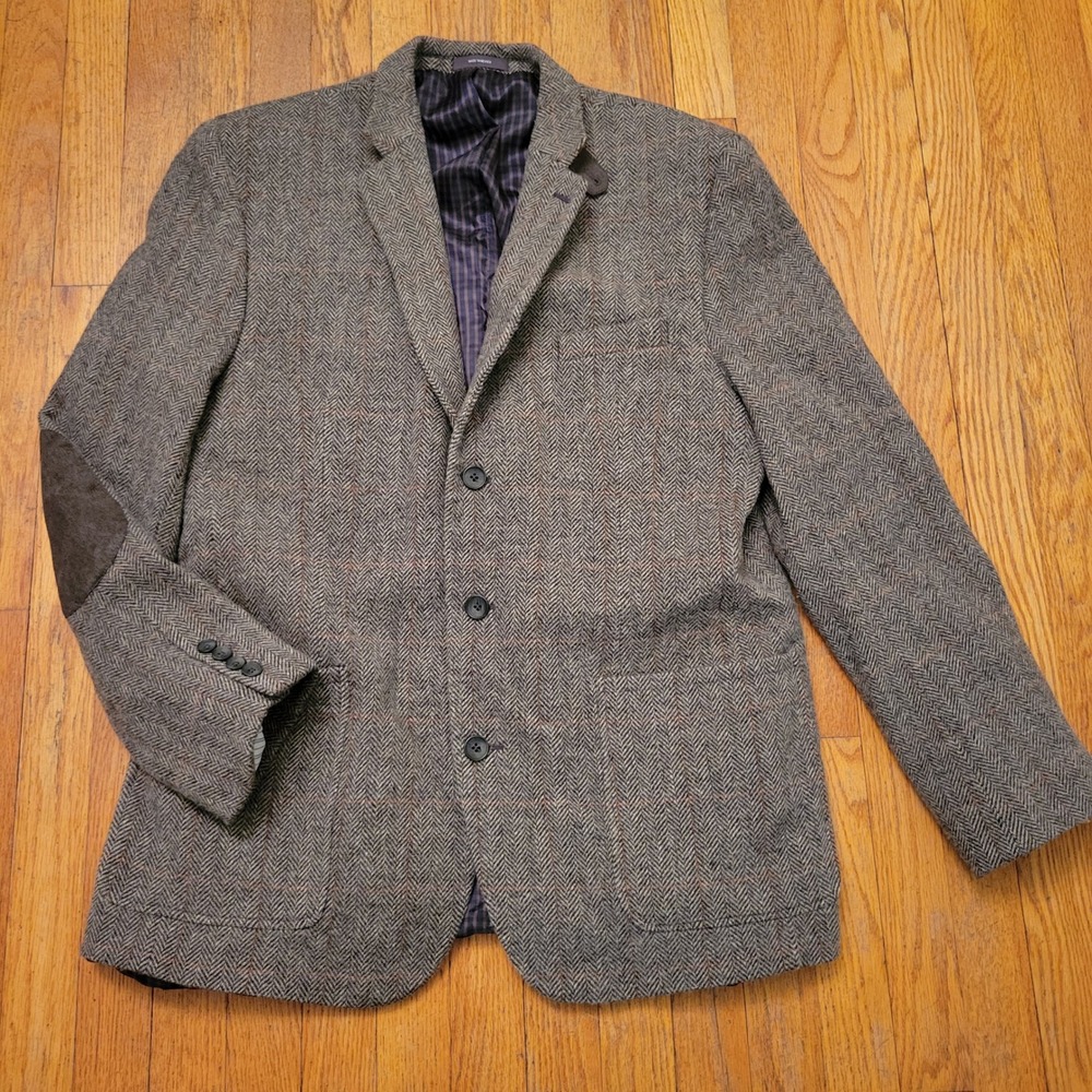 Joseph Abboud 44L Blazer Grey Herringbone Wool Elbow Patch Tweed Sport Coat